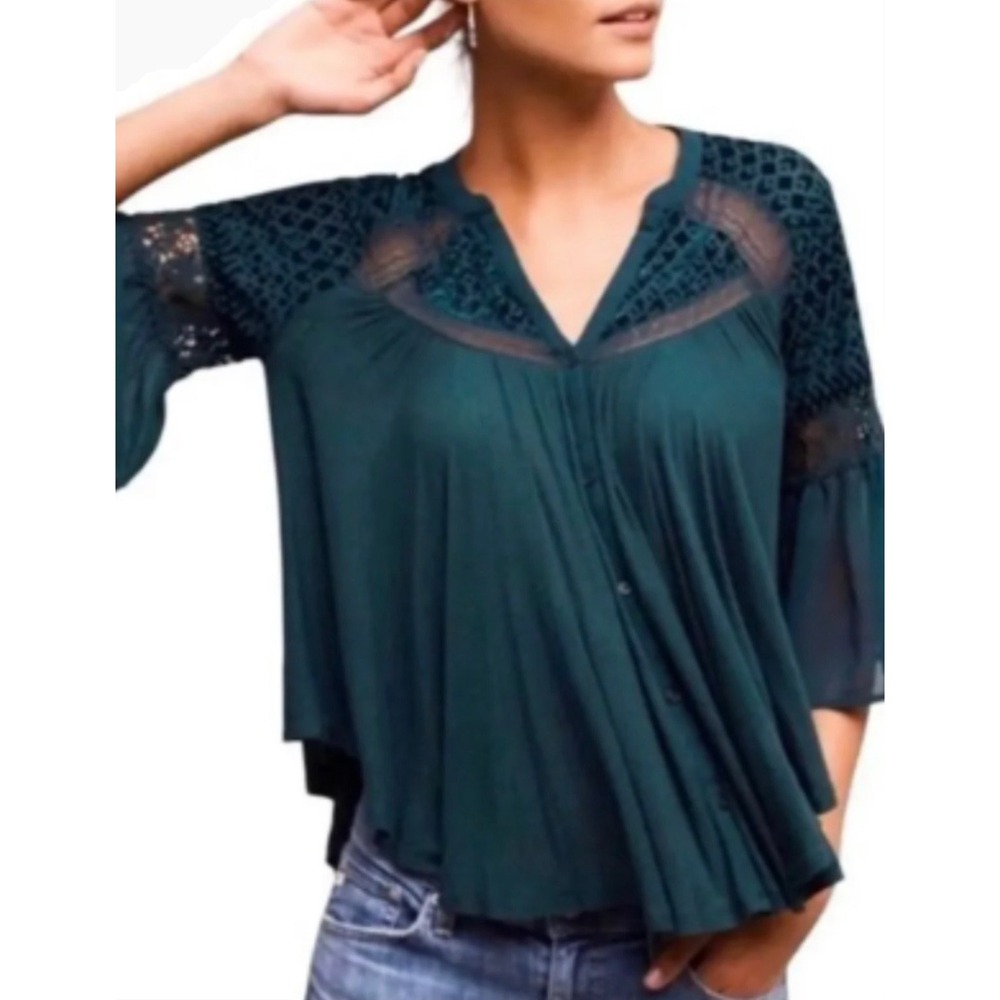 Anthropologie Meadow Rue Velvet Burnout Sheer Blouse Women XL Green Dark Fairy